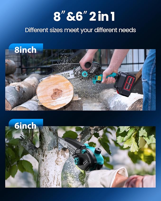 DocSmart Mini Chainsaw Cordless, 8 inch & 6 inch Electric Chain Saw with 2pcs 4000mAh Batteries, Battery Powered Handheld Saw for Trees Trimming Wood Cutting, Ideal Gift for Men Dad Husband