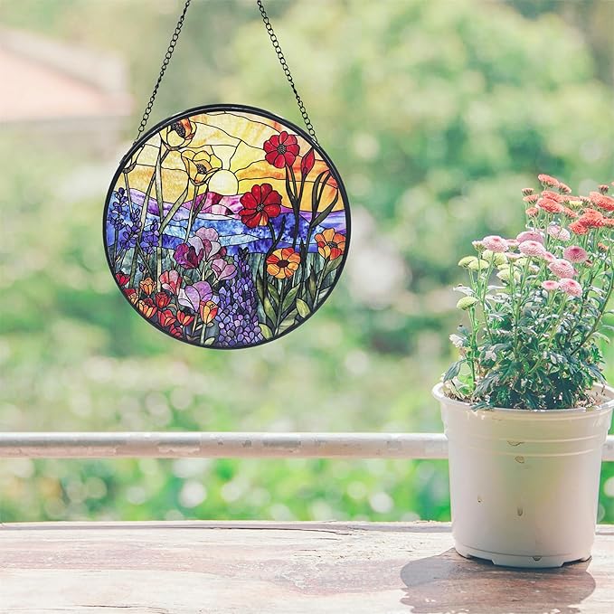 Stained Glass Sun Catcher,Wild FlowersStained Glass Window Hanging Garden Decor,Sun Catchers Indoor Window,Whimsical Decoration for Home Backyard Patio Lawn Porch with 6.3 INCH