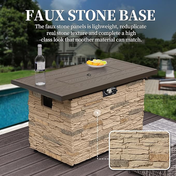 PIZZELLO 43¡± Propane Fire Pit Table Outdoor Rectangular Stone Firepit Table 50,000 Btu Propane Fire Tables for Outside Patio with Glass Wind Guard, Lid, Fire Glass Beads,Buff Rock Look
