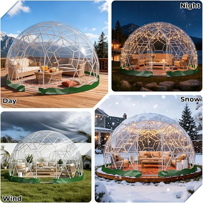 Garden Dome Tent 15*9.5FT, 360° View Geodesic Dome Greenhouse with PVC Clear Cover, Waterproof Garden Bubble Dome Tent House with 2 x 10M Light Strings for Outdoor, Green