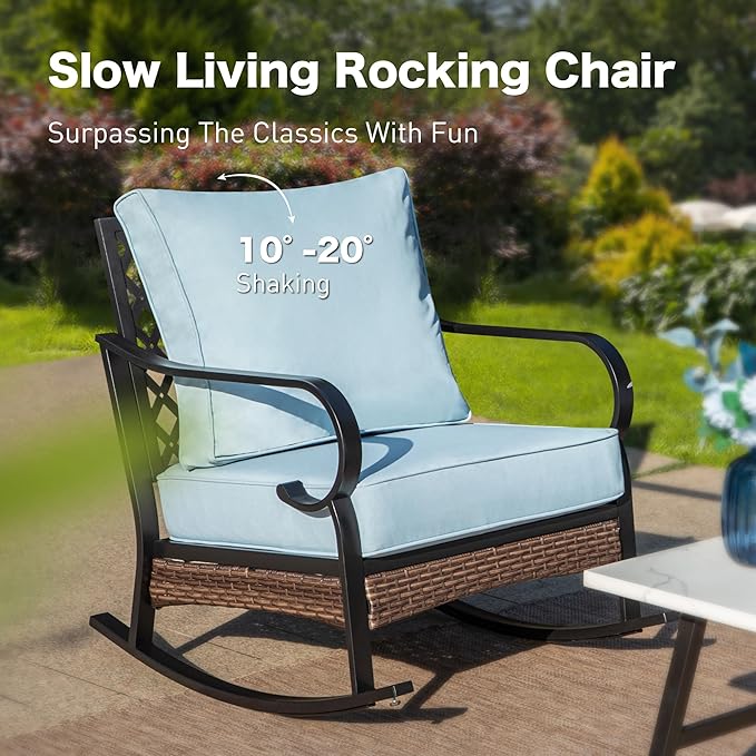 4 Piece Black Metal Outdoor Patio Furniture Sets with Firepit Table, Patio Conversation Sets 1 3-Seater Sofa, 2 Rocking Sofa with 5.75" Thick Cushion Backyard Furniture for Deck, Blue