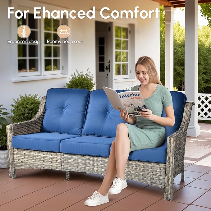 6 Pieces Patio Outdoor Furniture Set,All Weather Wicker Rattan Patio Seating Sofa and Chair Set w/Ottoman and Glowing Coffee Table,Outdoor Conversation Sets for Deck Yard Garden,Navy Blue