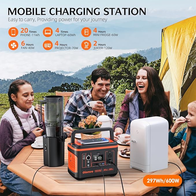 Giomre Portable Power Station, 297Wh Backup Lithium Battery Generator with 600W AC Output and 120W Fast Charging, Solar Generator for Outdoors Camping, Travel Emergency, Home Blackout