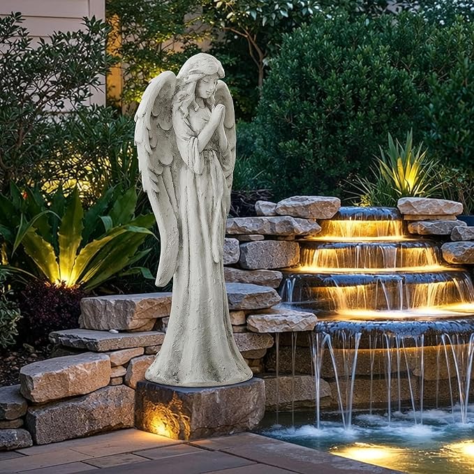 Ultym Praying Angel Statue for Outdoor Garden, 26.4 Inch Large Heavenly Memorial Sculpture,Durable MGO Stone Standing Angels for Yard, Patio or Cemetery Decor,Offering Comfort & Peace, Antique White