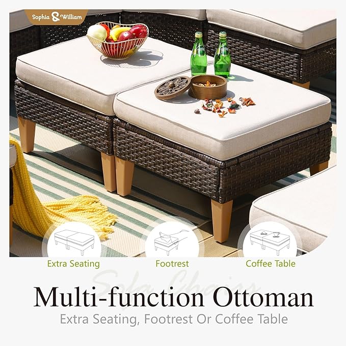 Sophia & William Patio Furniture Set with Fire Pit Table, Large Outdoor Wicker Rattan Sectional Sofa 8 Piece Patio Conversation Set for Deck, Backyard, Porch, Outside(56-Inch Fire Pit,Beige)