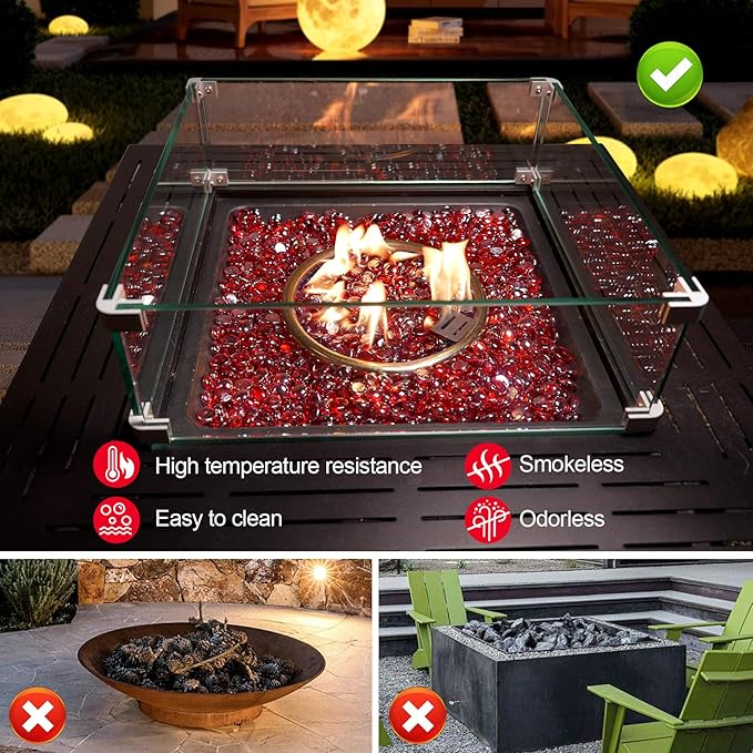 GasSaf Red Fire Glass Beads for Outdoor Fire Pit, Fireplace, Replaces Existing Gas Logs & Lava Rocks, 3/4 Inch Glass(10 Pound)(Red Luster)
