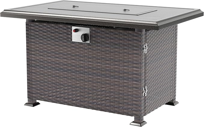 43" Wicker Outdoor Propane Gas Fire Pit Table with Rectangle Fire Pit Lid,55000 BTU Auto-Ignition Table Fire Pit w/Glass Wind Guard, Glass Rock for Outdoor,ETL Certified