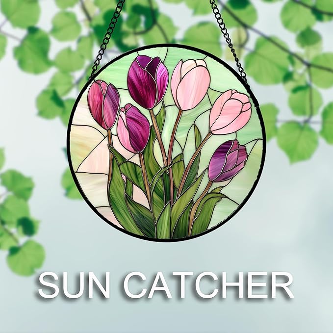 AMDERVEN Stained Glass Window Hanging 4 Pcs Set Tulips Plum Flower Daffodils Hyacinths 9.8" - Suncatcher Door Garden Sun Catcher Decor Birthday Mother's Day for Mom Woman Nana