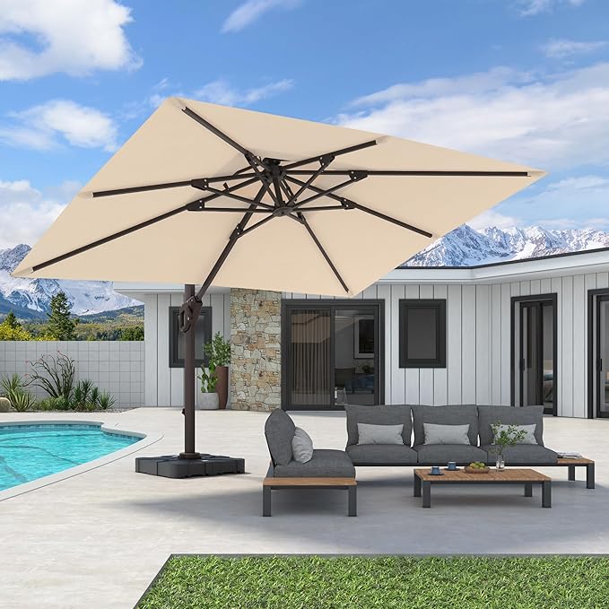 9' X 12' Cantilever Patio Umbrella with Base Included 360°Rotation Rectangular Outdoor Large Offset Umbrellas Double Top Heavy Duty Windproof for Garden Deck Pool Backyard, Beige