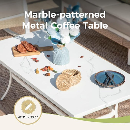 6 Piece Patio Furniture Set, 2 x Fixed Chair, 2 x Rocking Chair, 1 x 3-Seat Sofa with Marbling Coffee Table, All Cushioned 7 Seats Outdoor Conversation Set, Beige