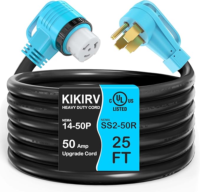 25 Feet 50 Amp RV/Generator Cord, UL Listed, 100% Copper Wire, Newly Designed 90°Grip Handle, NEMA 14-50P to SS2-50R Twist Lock, 6/3+8/1 Gauge STW Wire