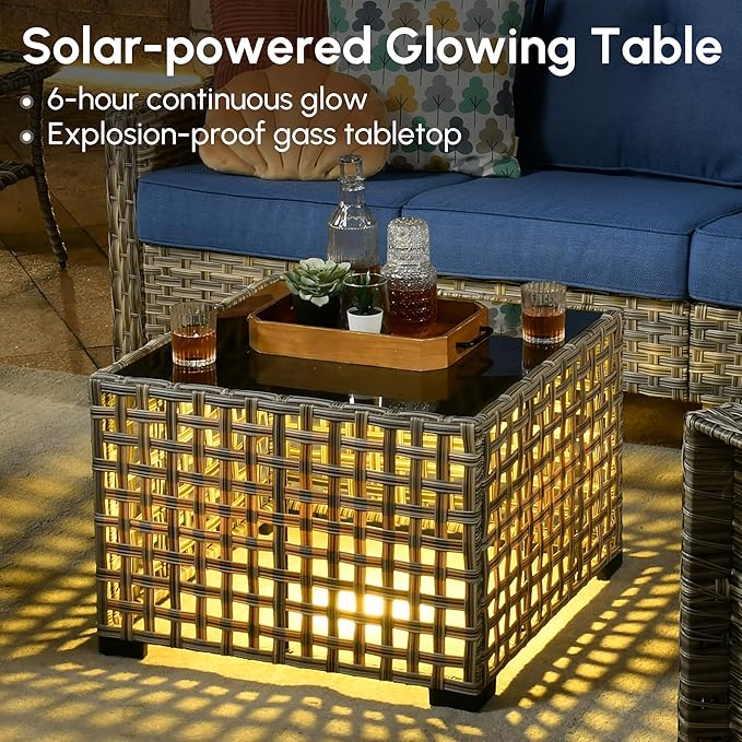5 Pieces Patio Outdoor Furniture Set with Swivel Rocking Chairs,All Weather Wicker Rattan Patio Seating Sofa and Chair Set w/Glowing Table,Outdoor Conversation Sets for Deck Yard Garden,Blue