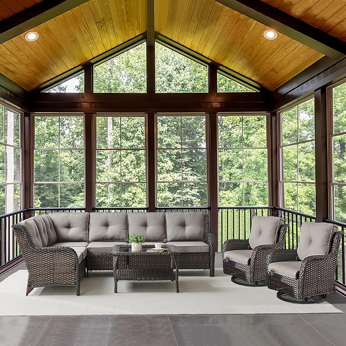 Belord Outdoor Furniture Sectional Sofa L Shaped Couch - Patio Wicker Set with 2 Swivel Glider Chairs, 5 Piece Rattan Patio Conversation Sets with Gray Cushion for Deck Backyard Sunroom