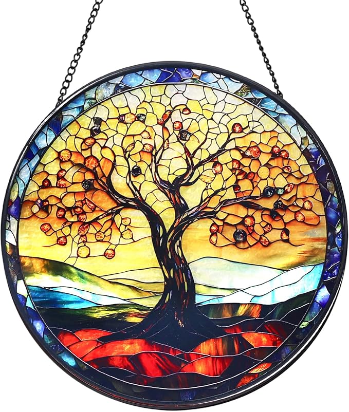 Wkyqes Tree of Life Handmade Stained Glass Window Hanging Suncatcher with Chain - 7.9" Outdoor/Indoor Art Decor for Home Garden, Wedding, Mother's, Valentine's & Christmas Ornaments Present