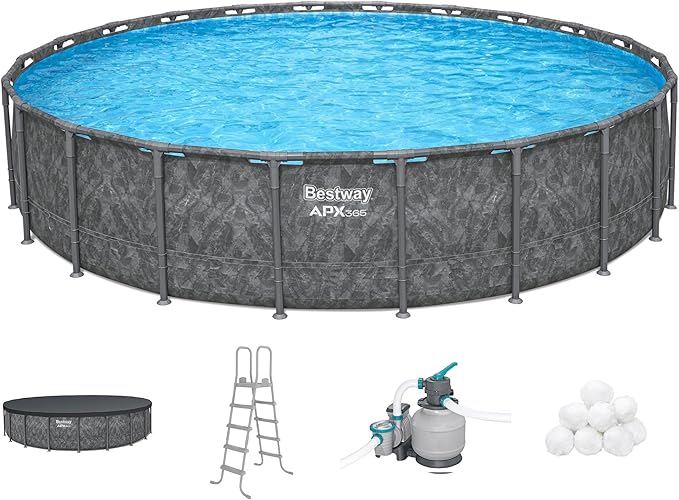 Bestway APX 365 22' x 52" Above Ground Pool, Round Metal Frame Outdoor Swimming Pool Set with Sand Filter Pump, Ladder, and Cover, Dark Marble