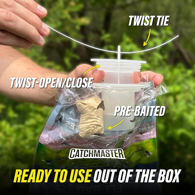Catchmaster Pro Series Disposable Fly Bag 4-Pack, Hanging Fly Trap Outdoor Home, Bug Catcher and Flying Insect Trap with Premium Food Lure, Pest Control XL Bag for Backyard, Pool, Patio & Camping