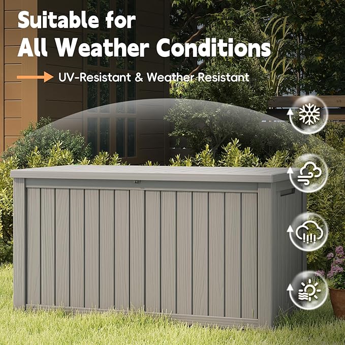 Outdoor Storage Box, 180 Gallon Waterproof Resin Deck Box, Storage Bin for Package Delivery, Patio Furniture Cushion, Garden Tools, Pool Accessories, Weatherproof and UV Resistant, Grey