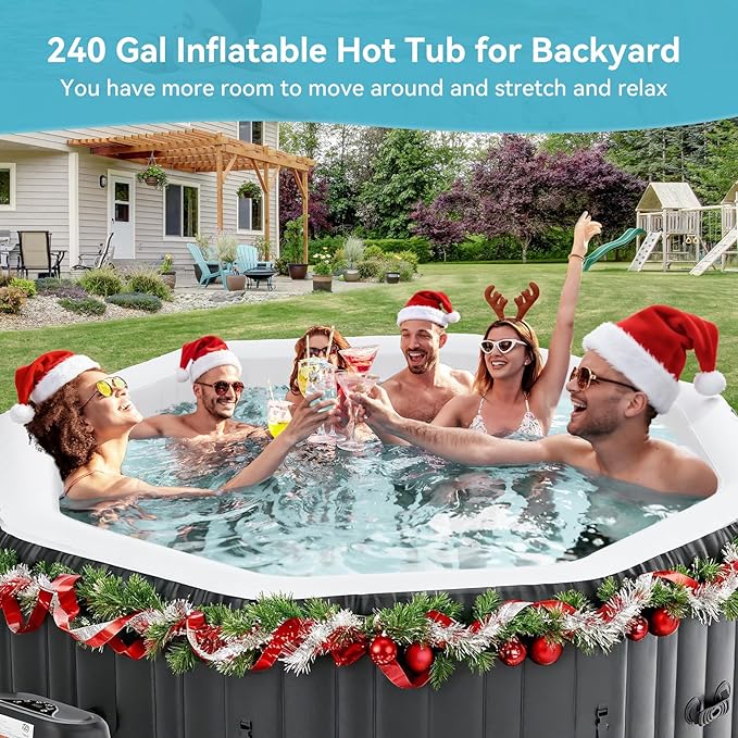Inflatable Hot Tub, 4-6 Person Large Polygon Portable Blow Up Hot Tub, Leak-Proof PVC Outdoor Spa with 130 Air Jets, Heater Pump and Insulated Cover, 77” X 25”