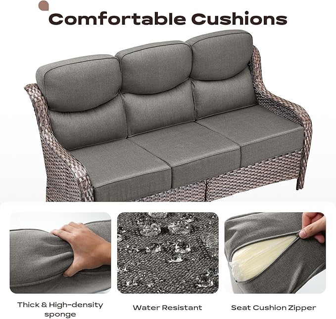 Rilyson Wicker Outdoor Patio Furniture Set - 7 Piece Patio Conversation Sets with Swivel Rocker Chairs, Ottomans and Sofa, 6 inch Cushions, Waterproof Wicker, for Porch Deck Brown/Grey