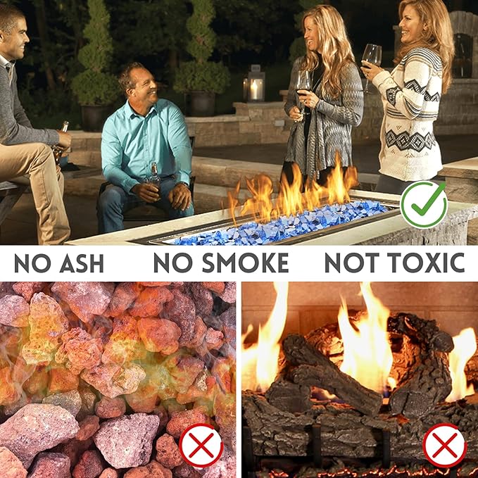 Blue Fire Pit Glass, 20 Pounds High Luster Reflective Tempered Glass Rocks, 1/2 Inch Firepit Rocks for Firepit Table, Propane Fireplaces, Fire Bowls