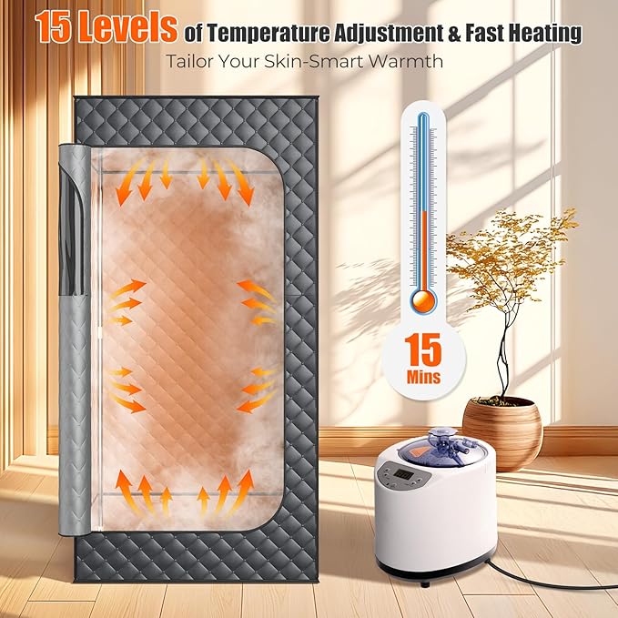 2025 Upgraded Steam Sauna Box for Home, 15 Levels Precision Temp 3L 1200W Tank, Folding Chair, Fast Setup Indoor Saunas for Muscle Relief & Detox, Compact Sauna Spa for Family Relaxation