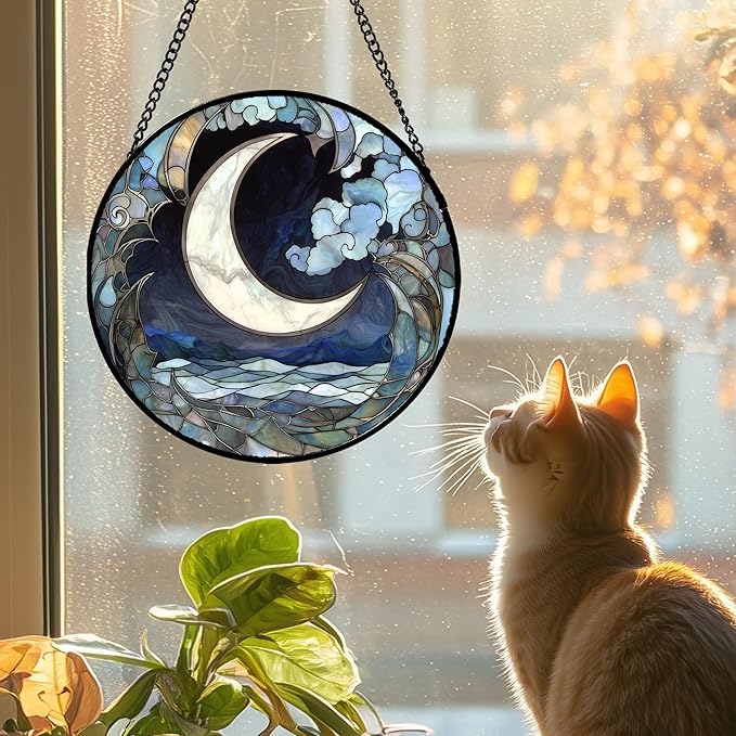 JOSUMALY Stained Glass Window Hanging - Abstract Sea of Clouds Moon Sun Catcher for Door Terrace Garden Home Decor, Gray Blue Suncatcher Birthday Gifts for Lovers Women Men Dad Mom Nana 7.8 in