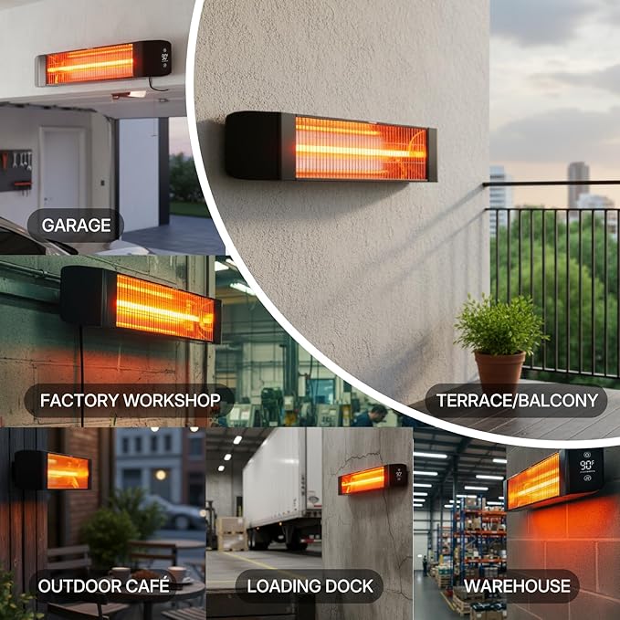 Electric Outdoor Heater 1500W - Patio Heater for Outdoor Use, Silent & Targeted Heating - Smart Control with 24H Timer, IP65 Waterproof - Ideal for Garage, Patio, and Indoor Use