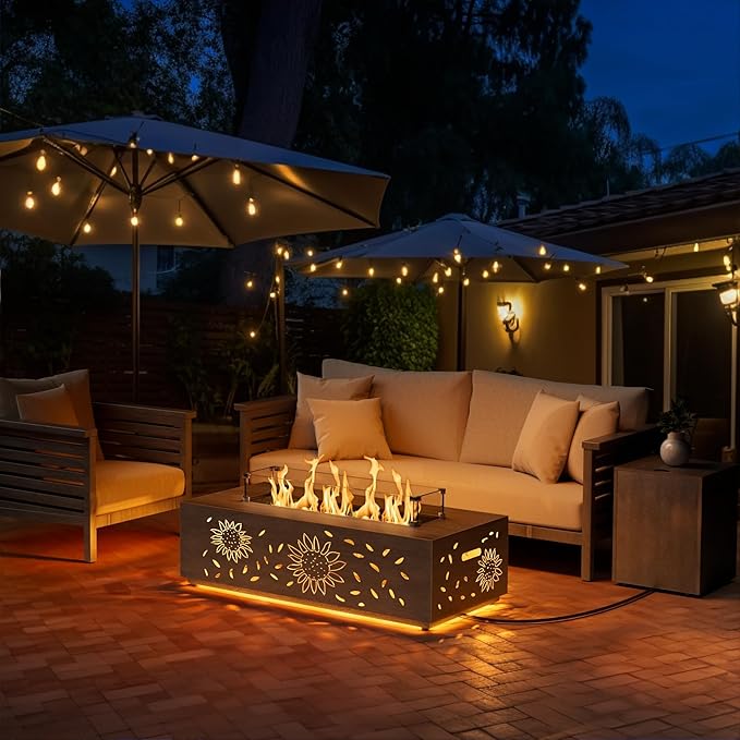 42 inch Propane Fire Pit Table LED, 2 in 1 Rectangular Outdoor Fire Pit with 20lb Tank Cover, Outside Patio Deck and Garden, Gas Fireplace Table with Lid and Stone, 50,000 BTU Adjustable Flame