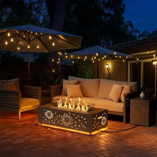 42 inch Propane Fire Pit Table LED, 2 in 1 Rectangular Outdoor Fire Pit with 20lb Tank Cover, Outside Patio Deck and Garden, Gas Fireplace Table with Lid and Stone, 50,000 BTU Adjustable Flame