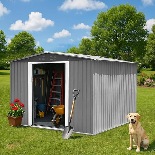 8x8 FT Metal Shed Garden Outdoor Storage Shed Updated Frame Structure with Lockable Sliding Door, Steel Anti-Corrosion Outside Sheds Waterproof for Backyard, Pool, Patio, Light Gray