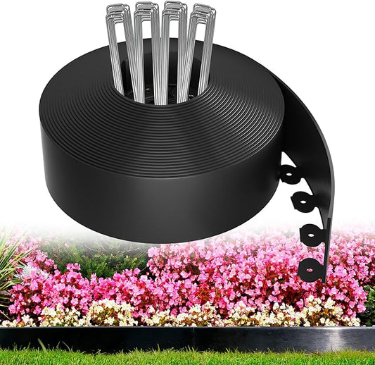 3in Tall,40ft Landscape Edging Kit with 60pcs Metal Spikes, Reinforced Rib Design,No-Dig Flexible Plastic Edge Border for Landscape, Lawn,Garden,Flower Beds,Yard,Paver,Playground, Fence,Pathway,Black