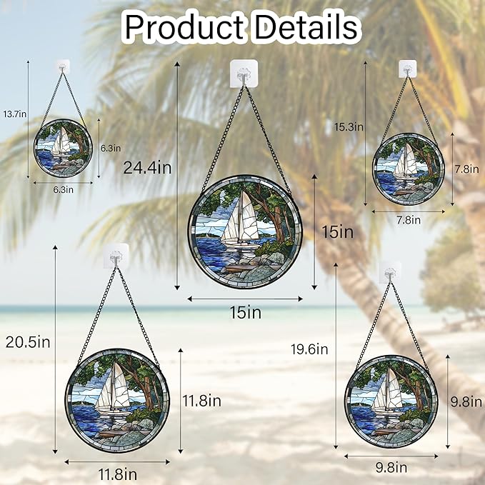 QZQCBLC Stained Glass Window Hanging Blue Ocean White Sailboat 6.3" - Nature Suncatcher Door Garden Sun Catcher Home Decor Birthday Christmas for Woman Mom Men Friend Nana