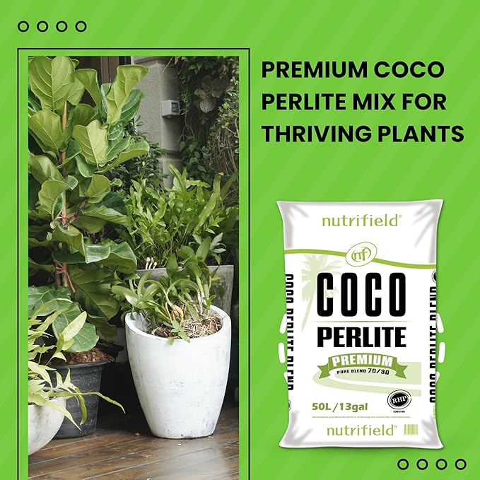 Nutrifield Coco Coir Perlite Mix, 50 Liter Bag- 70/30 Blend - Pre Buffered with Calcium, Organic Coconut Coir & Perlite for Plants - Garden Soil for Hydroponic, Indoor - Outdoor Garden & House Plant