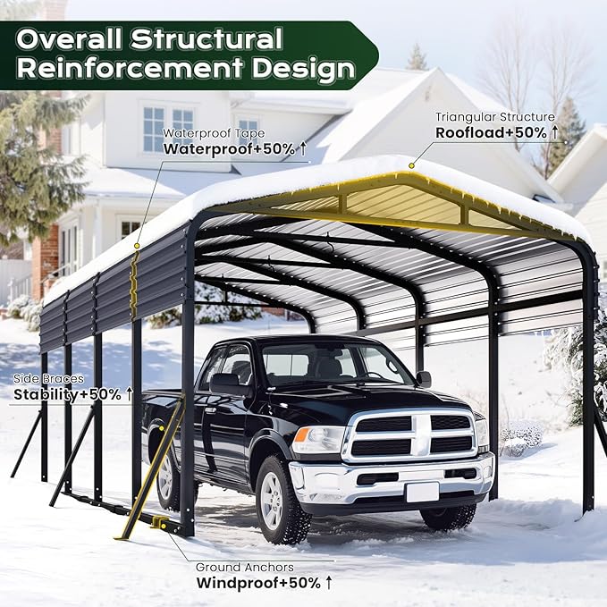 Heavy Duty Metal Carport Canopy, 12x20 FT Outdoor Car Port with Waterpoorf Metal Roof& Side Support Rods, Multi-Use Shelter Outdoor Garage for Car, Boats and Truck