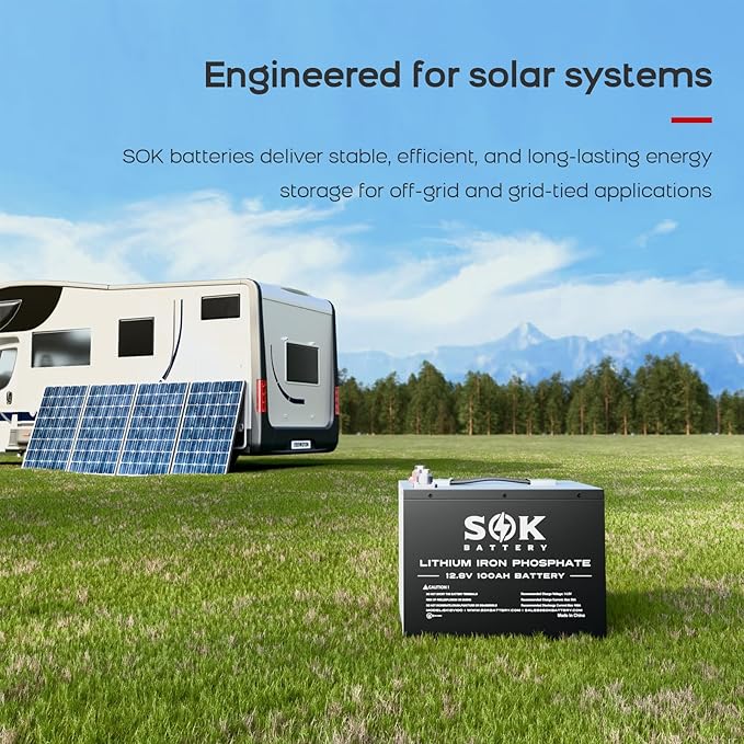 SOK Battery 12V 100Ah LiFePO4 Deep Cycle Lithium Iron Phosphate Battery, Built-in Bluetooth, Low Temperature Protection & Self Heating Function, Suitable for RV and Solar & Wind Off-Grid Use