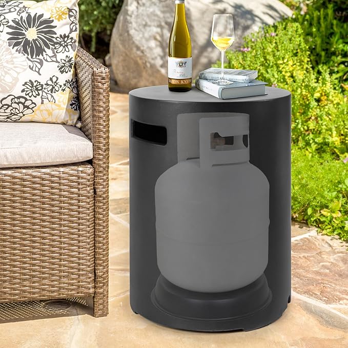 Propane Tank Cover, Propane Tank Storage Hideaway Table for Gas Fire Pits, 16 X 20inch Gas Tank Holder Storage Side Table for 20 Pound Tank Cover, Round Tank Holder- Black