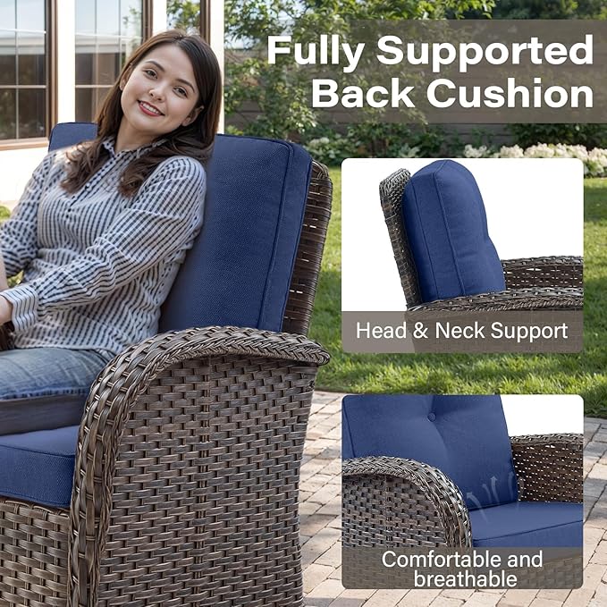 Belord 5 Piece Wicker Patio Furniture Set - Outdoor Conversation Sets with Deep Seating Swivel Rocker Chairs Loveseat and Rattan Coffee Table for Deck Backyard Poolside, Brown Wicker/Blue Cushion