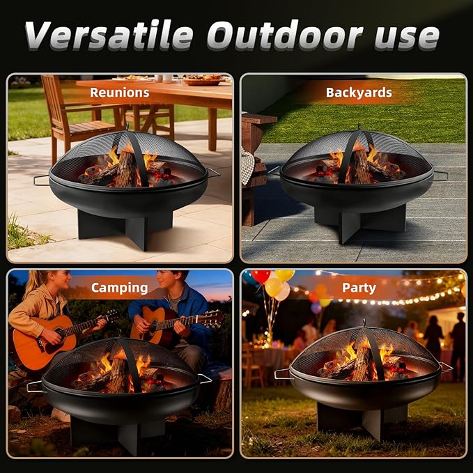 24 Inch Fire Pit for Outside Outdoor Wood Burning Firepit Bowl Heavy Duty Steel Bonfire Pit for Patio Backyard Camping Deck with Spark Screen, Log Grate & Poker