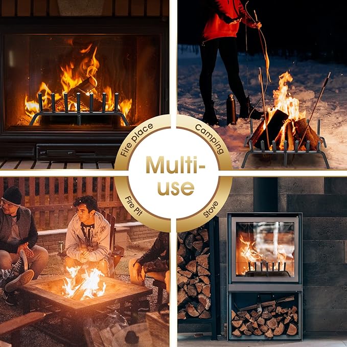 G GOOD GAIN Fireplace Grate with Ember Retainer, 24" Heavy Duty Cast Iron Indoor, Chimney Hearth Wood Stove Burning Rack Holder,1/2” Bar Fire Place Asseccories for Outdoor, Fire Pits, Camping