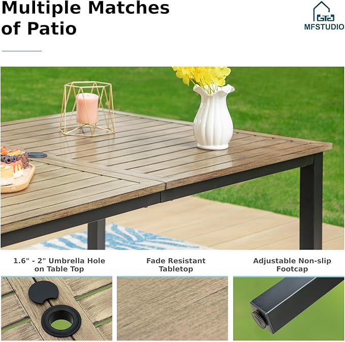 MFSTUDIO Outdoor Patio Dining Table for 6, Rectangle Metal Patio Table 64"x38" Wood-Like Tabletop with Adjustable Umbrella Hole for Deck,Backyard,Lawn,Garden