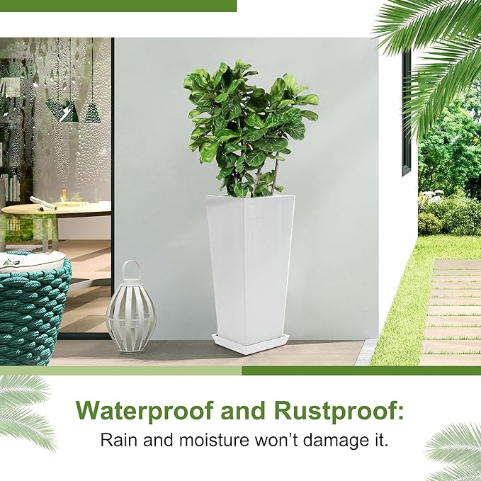 24" Tall Planters for Outdoor Plants, Set of 2 Large Outdoor Planters for Front Porch Decor with Drainage Hole, Front Porch Decor(White)