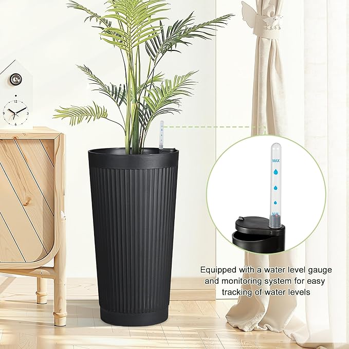 24" Tall Self Watering Planters for Indoor Plants, 2 Pack Large Plastic Outdoor Planter Pots with Built-In Water Reservoir and Level Indicator, Decorative Modern Flower Pots for Home & Patio (Black)