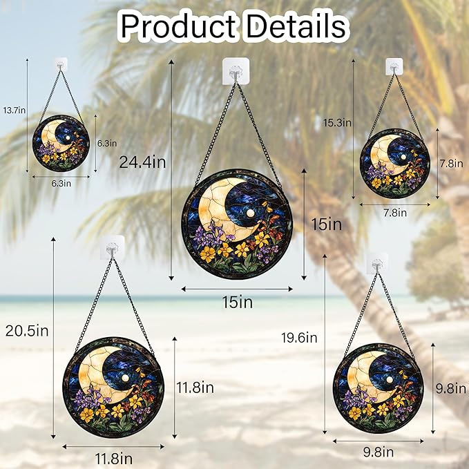 JOSUMALY Stained Glass Window Hanging - Blue Night Sky Moon Suncatcher for Door Terrace Garden Home Decor Wildflowers Sun Catcher Birthday Gifts for Lovers Women Men Dad Mom Nana 7.8 in