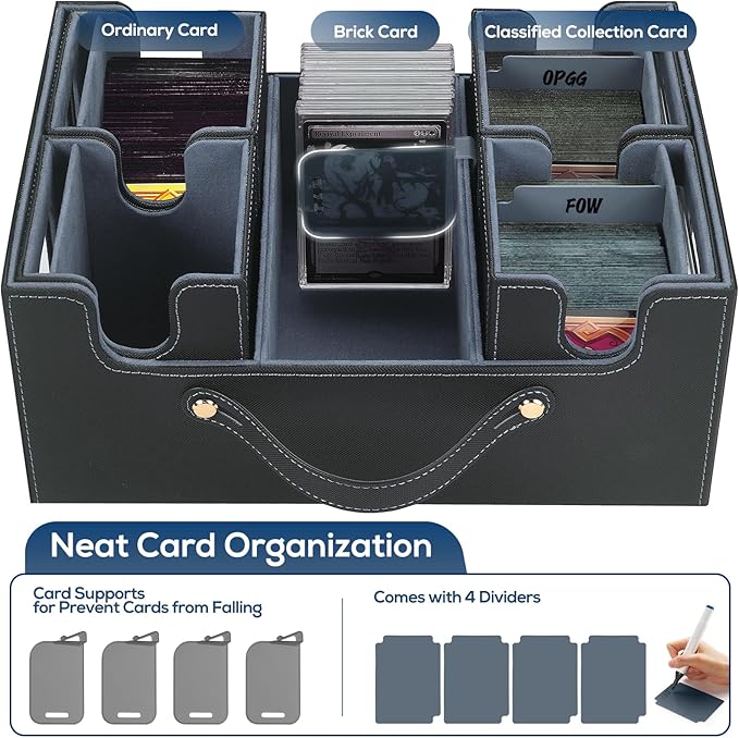Trading Card Storage Box for MTG, MTG commander deck box，Multi-purpose Deck Case for MTG TCG Sports Card, 4 Toploaders, 4 Stoppers, 4 Colorful Dividers (Black & Grey)