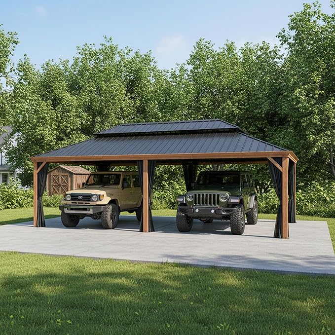 PURPLE LEAF 14' X 28' Outdoor Hardtop Gazebo for Patio Galvanized Steel Double Roof Permanent Canopy Teak Finish Coated Aluminum Frame Pavilion Gazebo with Netting