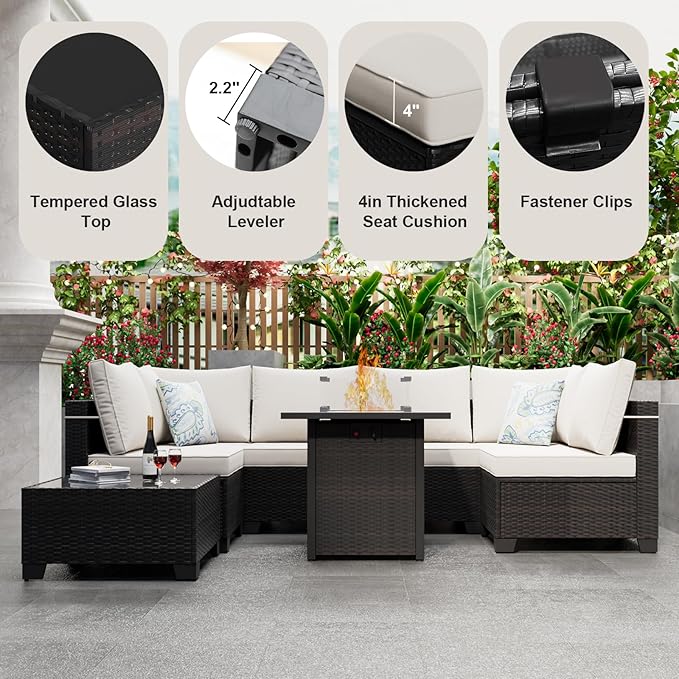 Patio Furniture Set with Fire Pit Table, 8-Piece Outdoor Furniture Sofa Set with Thick Cushions, Wicker Sectional Sofa for Porch Garden Backyard, Brown/Beige