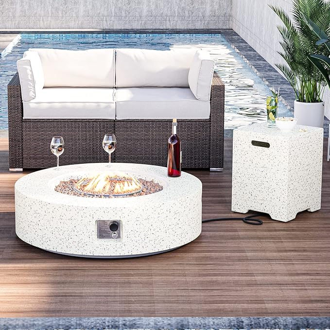 HOMPUS Outdoor Round Propane Fire Pit Table, 41''Fire Table 20lb Tank Cover Table, 50000 BTU Fire Pit w Free Waterproof Cover & Fire Stone for Patio, Garden, Colorful Terrazzo