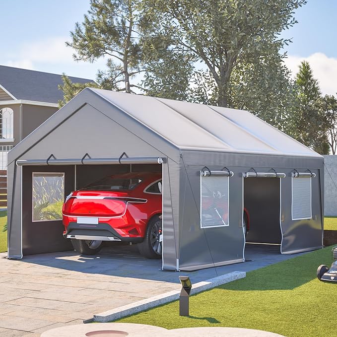 13x20 FT Canopy with 2 Roll-Up Doors,Waterproof Party Tent w/Steel Frame & Ventilation Windows,Carport & Storage Shelter for Vehicle,Car,Grey