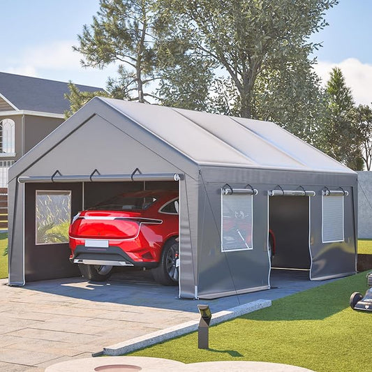 13x20 FT Canopy with 2 Roll-Up Doors,Waterproof Party Tent w/Steel Frame & Ventilation Windows,Carport & Storage Shelter for Vehicle,Car,Grey