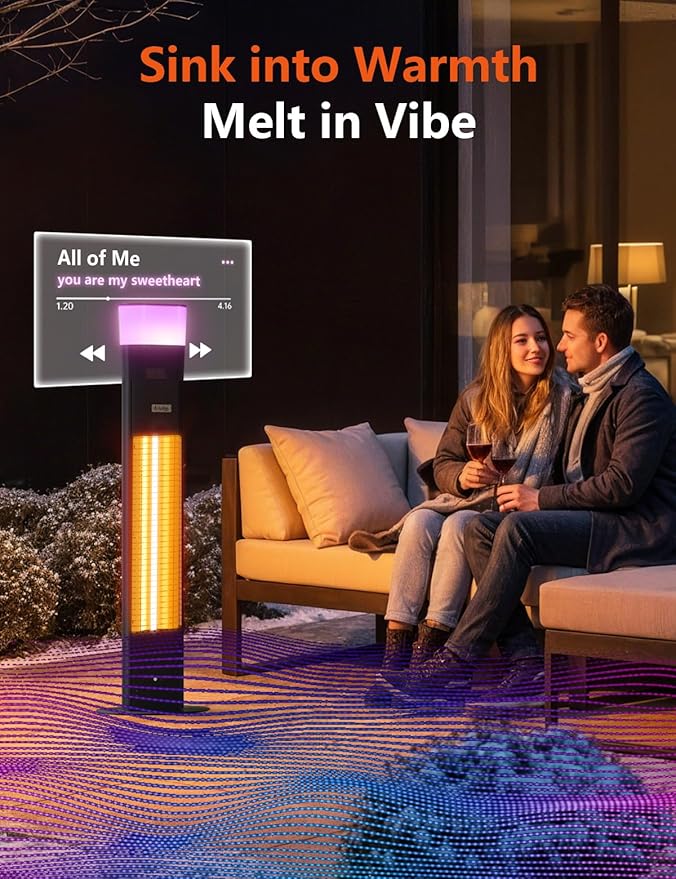 Electric Infrared Patio Heater, Built-in Speaker & 16-color Mood Lights, 43 inch, IP65 Waterproof, 24H Timer, 1500W, Sleek Aluminum Unibody Outdoor/Indoor